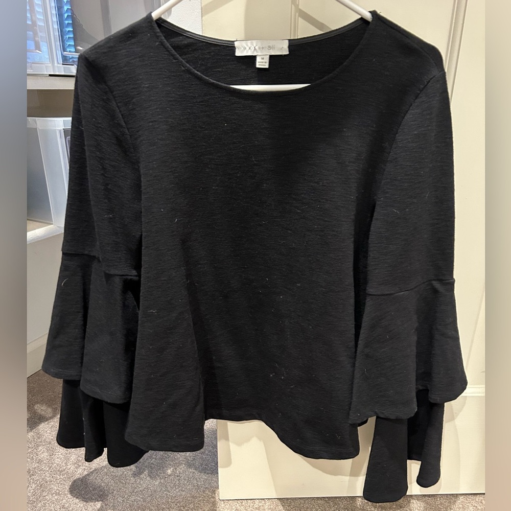 ERI +ALI Anthropologie Bell Sleeve Tiered Blouse Top M Black
